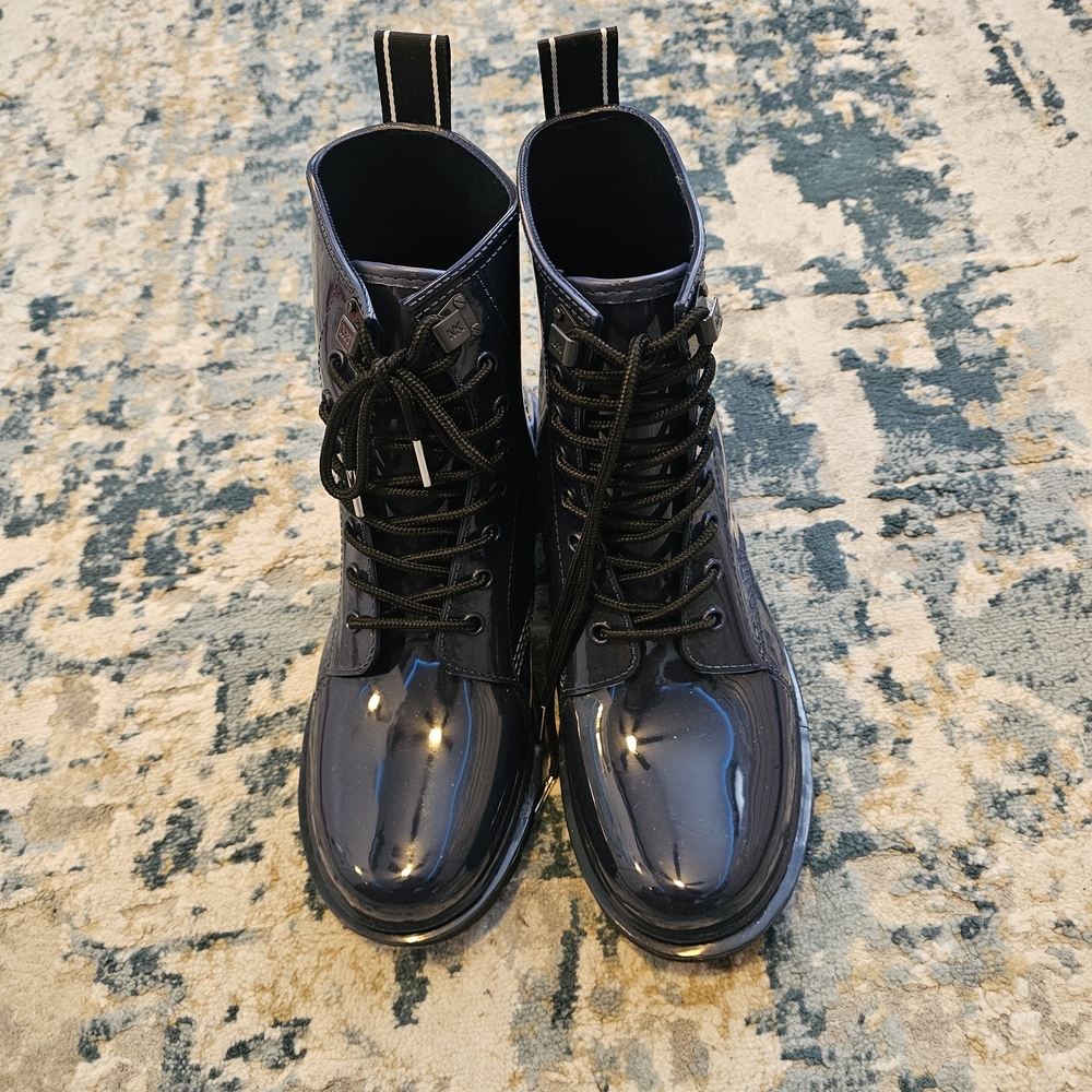 Michael Kors Rain Boots Women Size 10 Black Glossy Lace Up Combat Rubber Boots